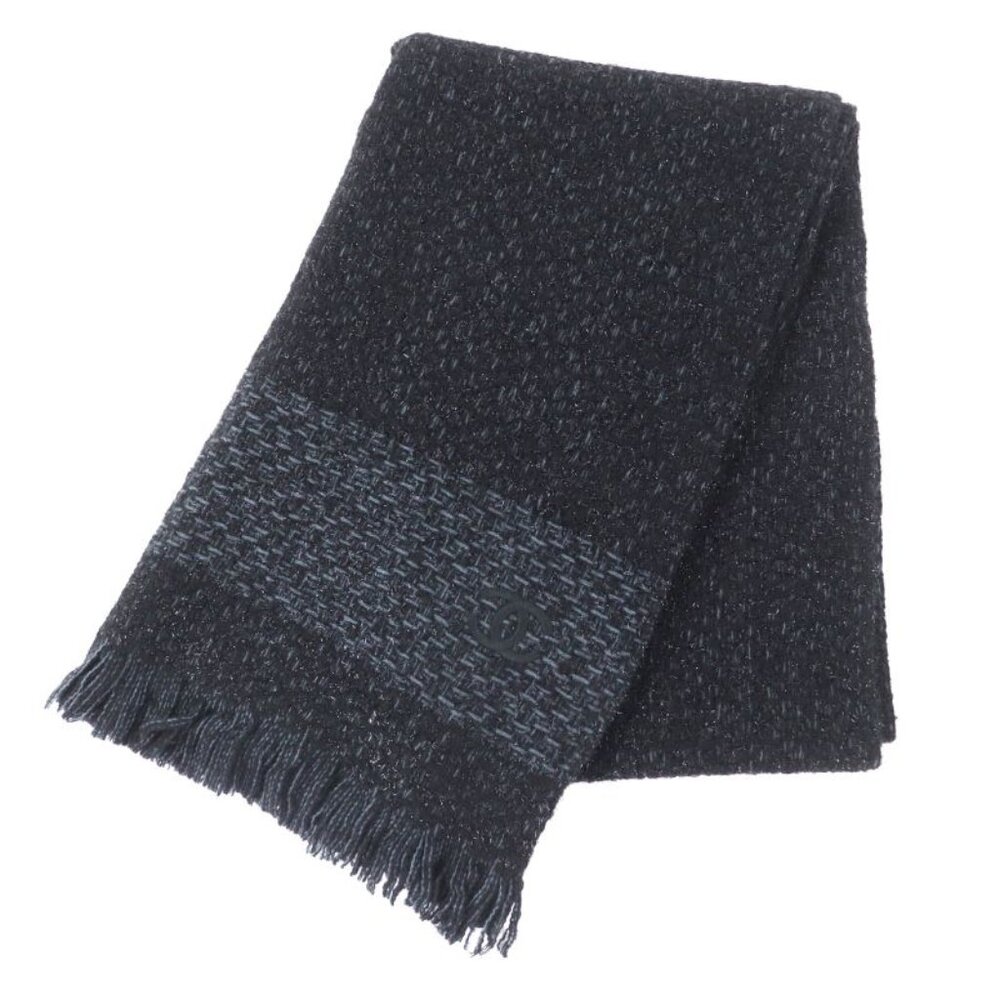 Chanel Cashmere Blend Coco Mark Embroidered Lame With Fringe Large Shawl Black - Picture 1 of 13